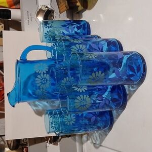 Vintage 70s MCM Anchor Hocking Blue Misty Daisy Glass Pitcher and 8 Tumbler Set